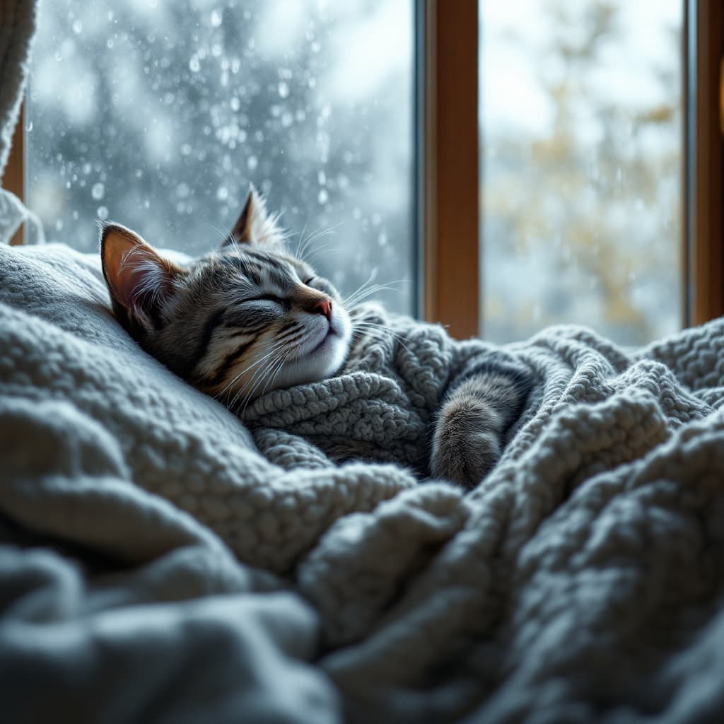 AI generated: a realistic bipedal American Shorthair cat sleeping peacefully indoors, wearing cozy clothes, while ...