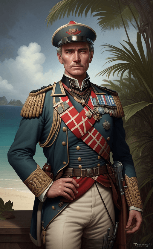 AI generated: Portrait of a victorian army officer overlooking a tropical island, male, detailed face, 19th centur...