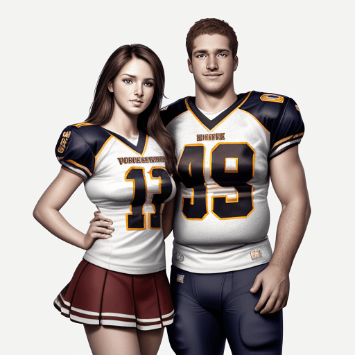 AI generated: paint a quarterback and a cheerleader couple, both stand up full body looking ahead, fine realistic,...