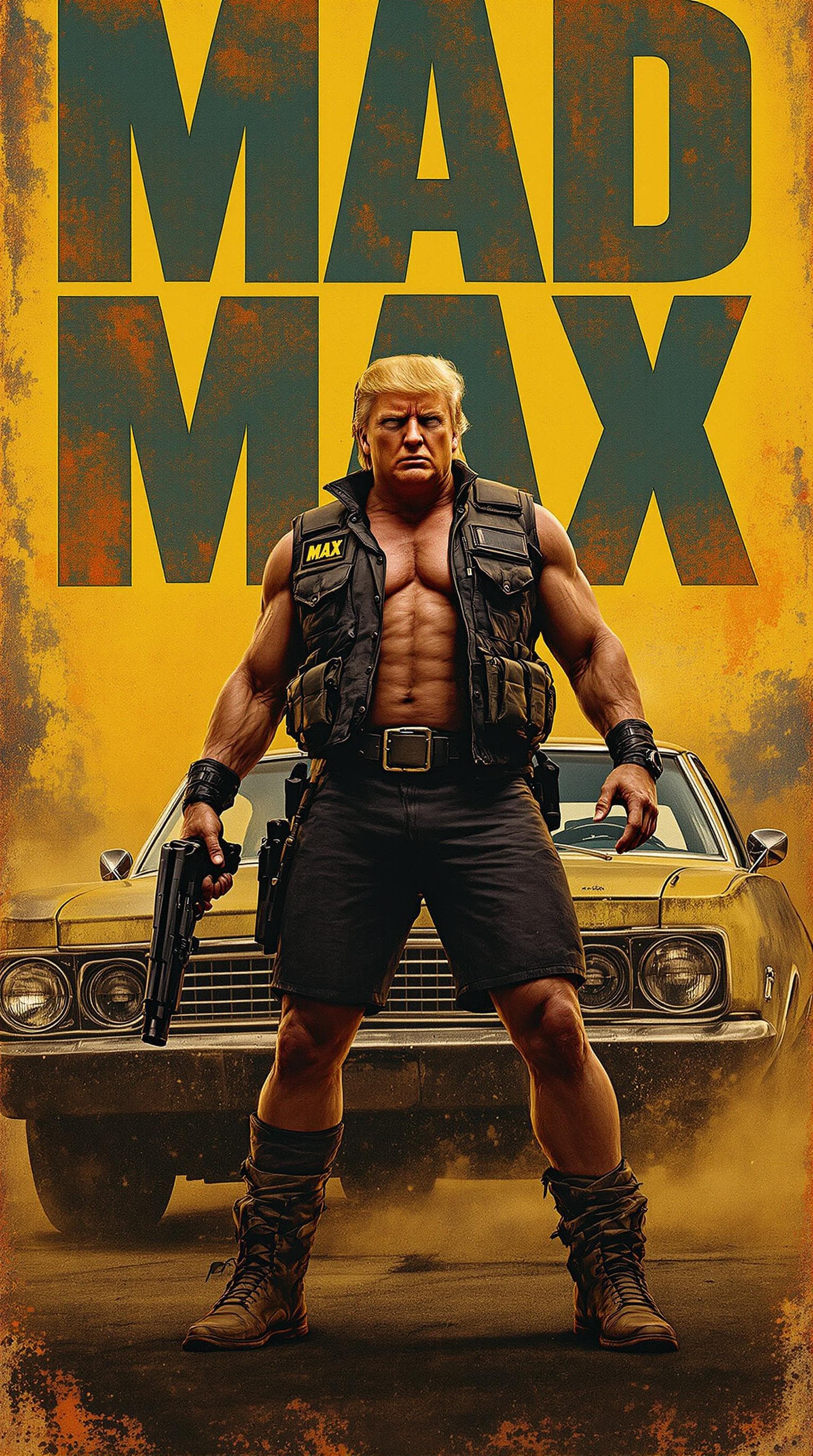 AI generated: MAD MAX movie poster, tough looking Donald Trump in lethal vest and lethal shorts, with gun, shabby ...