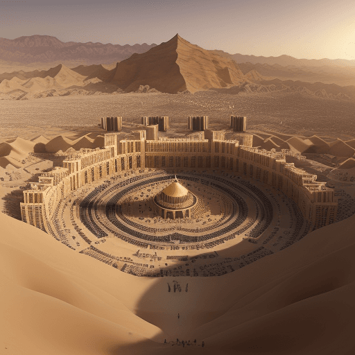 AI generated: Generate an evocative image capturing desert surrounding Mecca, filled with an immense crowd gathere...