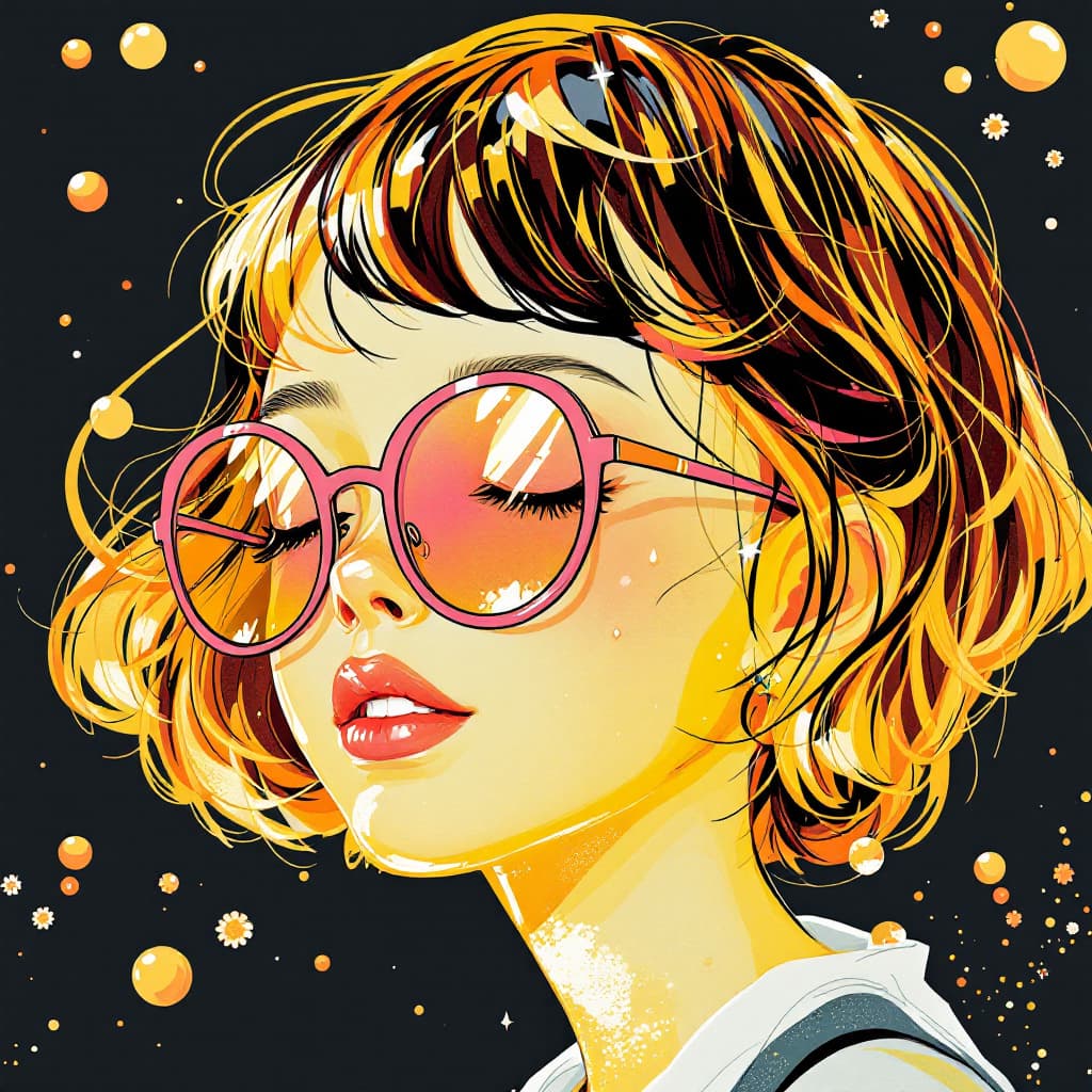 AI generated: a 7 years old pretty girl with brown blond short hair with eyes closed using a pink eyeglasses, in t...