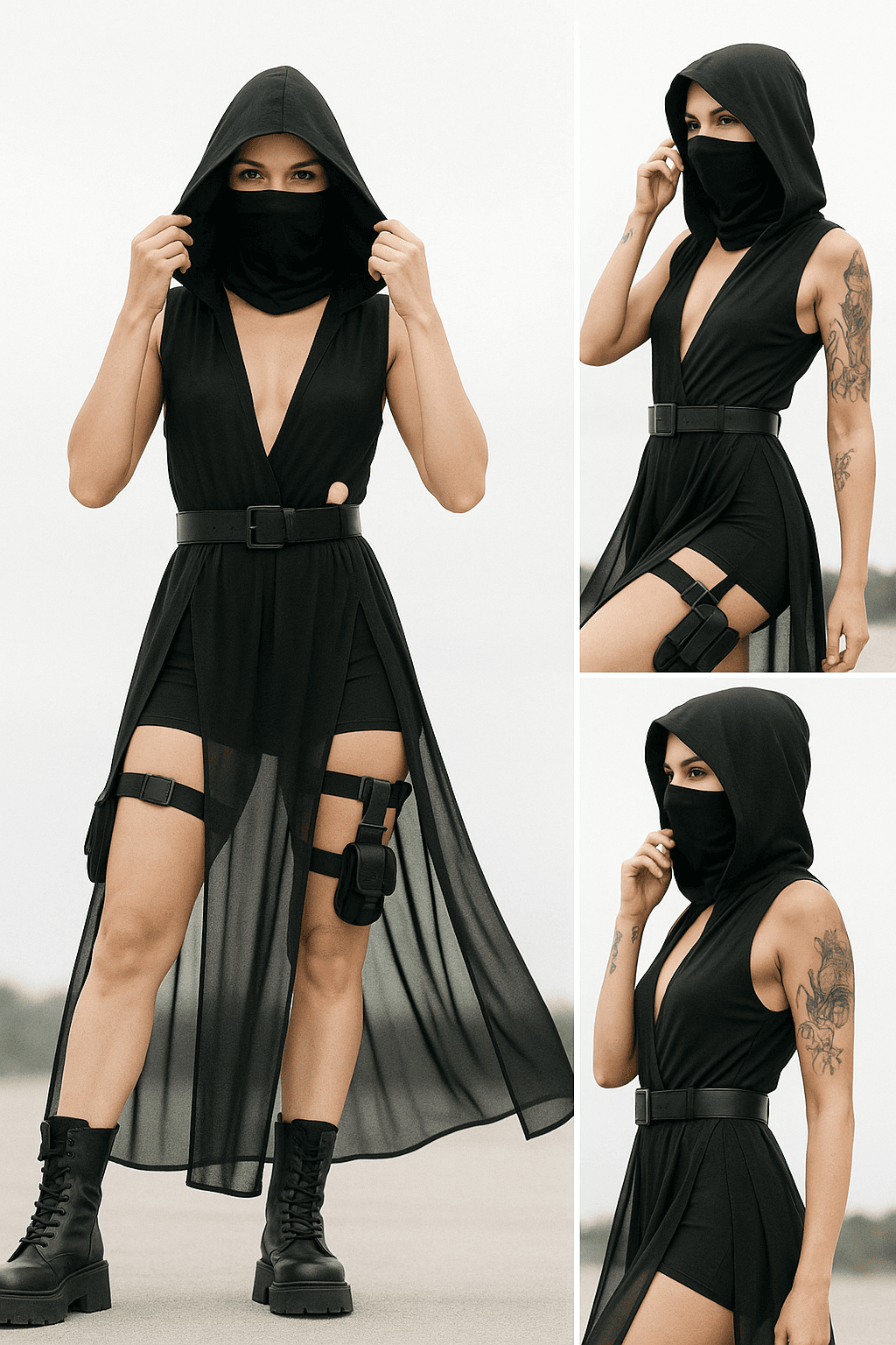 AI generated: three shots of a person modeling a distinctive black hooded outfit. The outfit features a deep V-nec...
