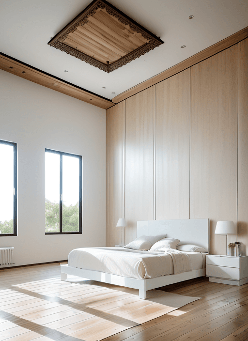 AI generated: High resolution photograph of the interior of a modern master bedroom with wooden floor finishes and...