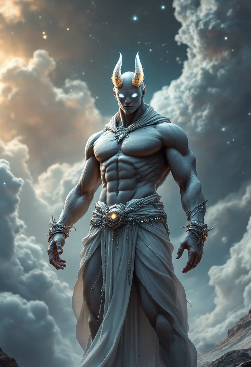 AI generated: God of sound, full-body, Etherial, muscular, No mouth or hair, Glowing clear eyes, epic, cinematic, ...