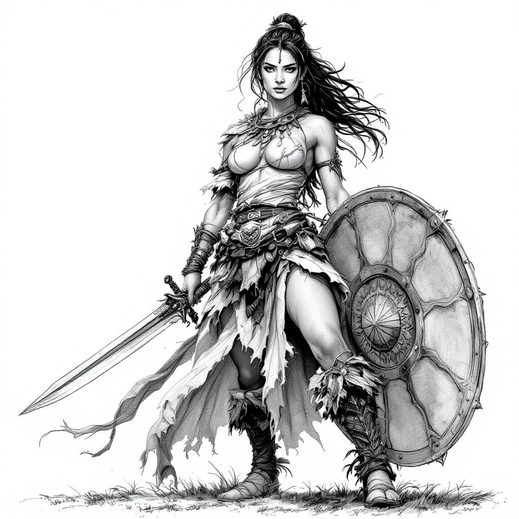 AI generated: Create different highly detailed, Pencil sketch, illustration of a filipino female warrior. She wear...