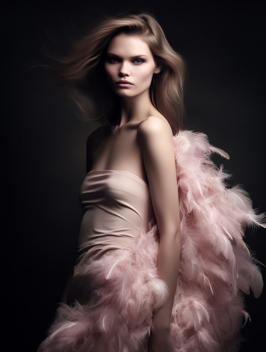 AI generated: photo of ((( single beautiful slavic long hair model ))) in a ((( light pink feather slit dress ))) ...