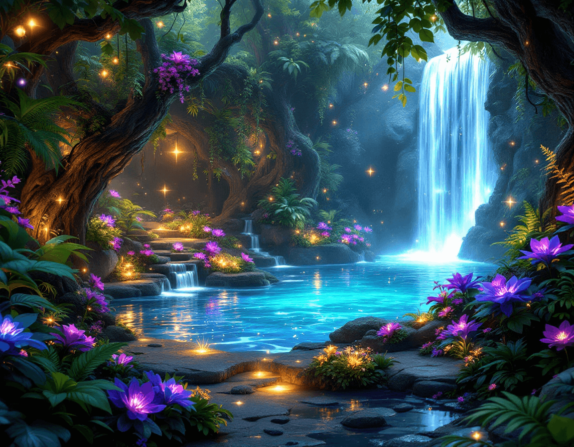 AI generated: A fantastical, dreamlike garden sanctuary deep in an enchanted jungle, centered around a cascading m...