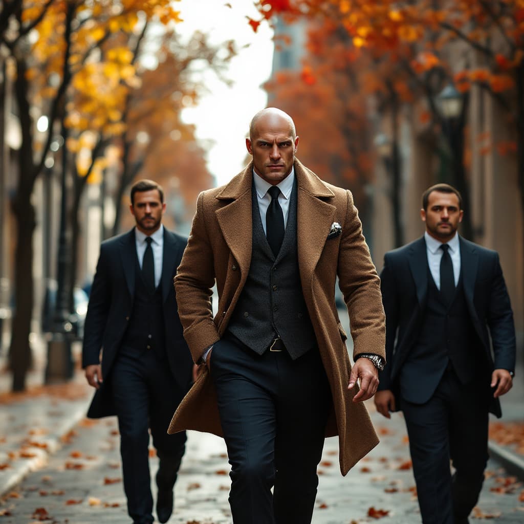 AI generated: A muscular and rich man in the fall, walking along a wide street, dressed in an expensive coat, acco...