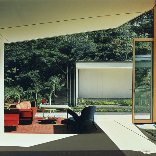 AI generated: hyper realistic eye level exterior photo of a mid century modern style house overlooking the ocean, ...