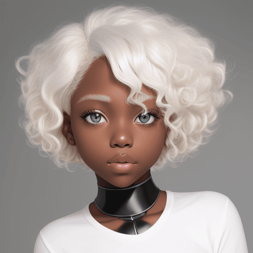 AI generated: black skinned girl, gray eyes, curly platinum blonde hair, cute. solid white background
