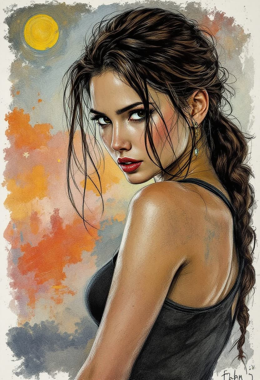 AI generated: Portrait tilted at 45 degrees, dynamic pose,  Lara Croft: Tomb Raider, Art Nouveau, Neo-Impressionis...