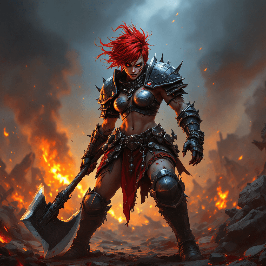 AI generated: The Armored Berserker: A fierce warrior with short, vibrant crimson hair styled in a wild and unrest...