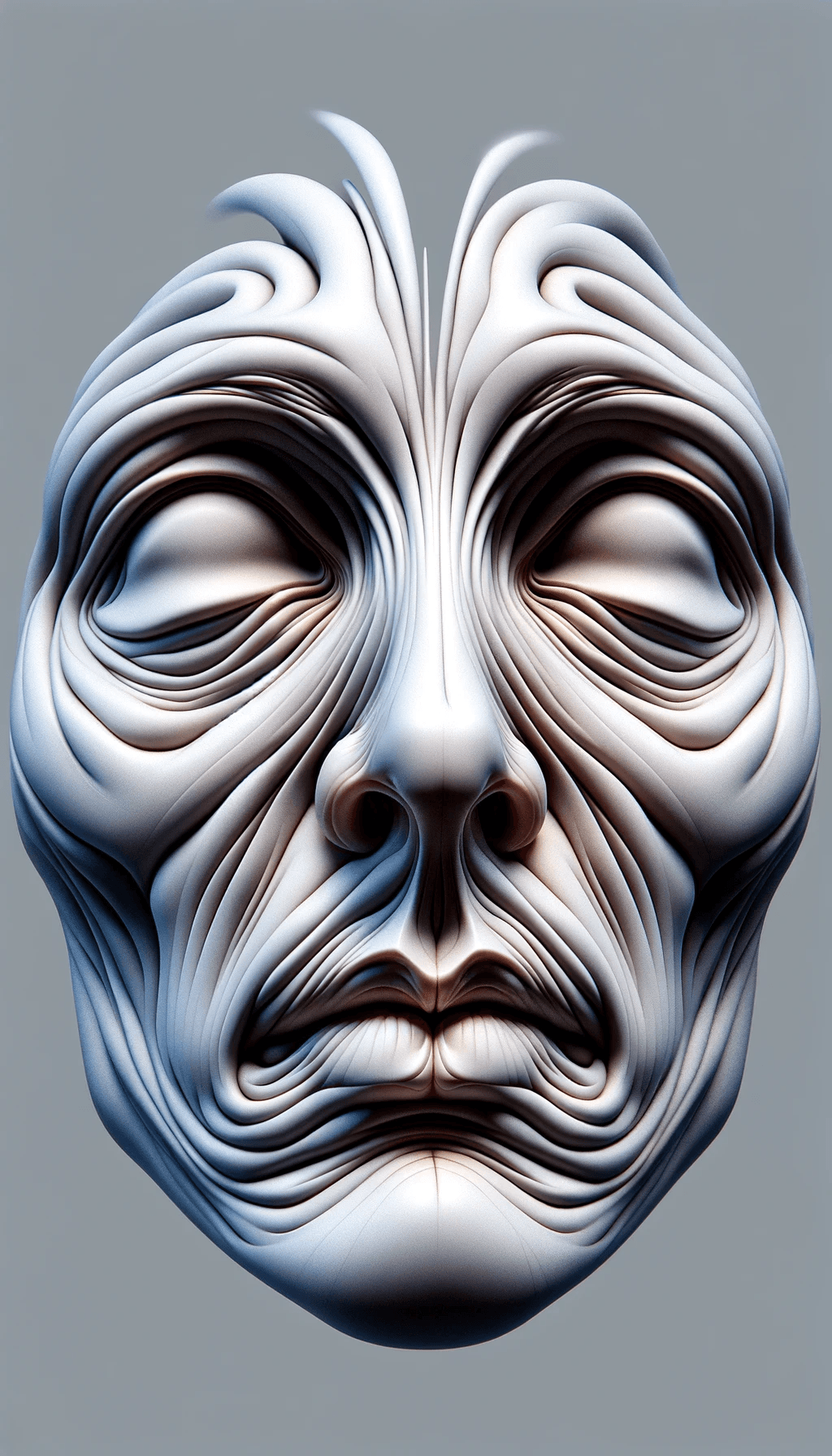 AI generated: close-up view of a non-Euclidean, warped human figure's face in 3D Blender style, surreal and abstra...
