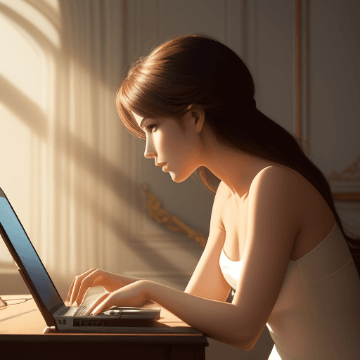 AI generated: Photo, real, side view of stylish beautiful girl using computer, in high-end interior, grand and opu...