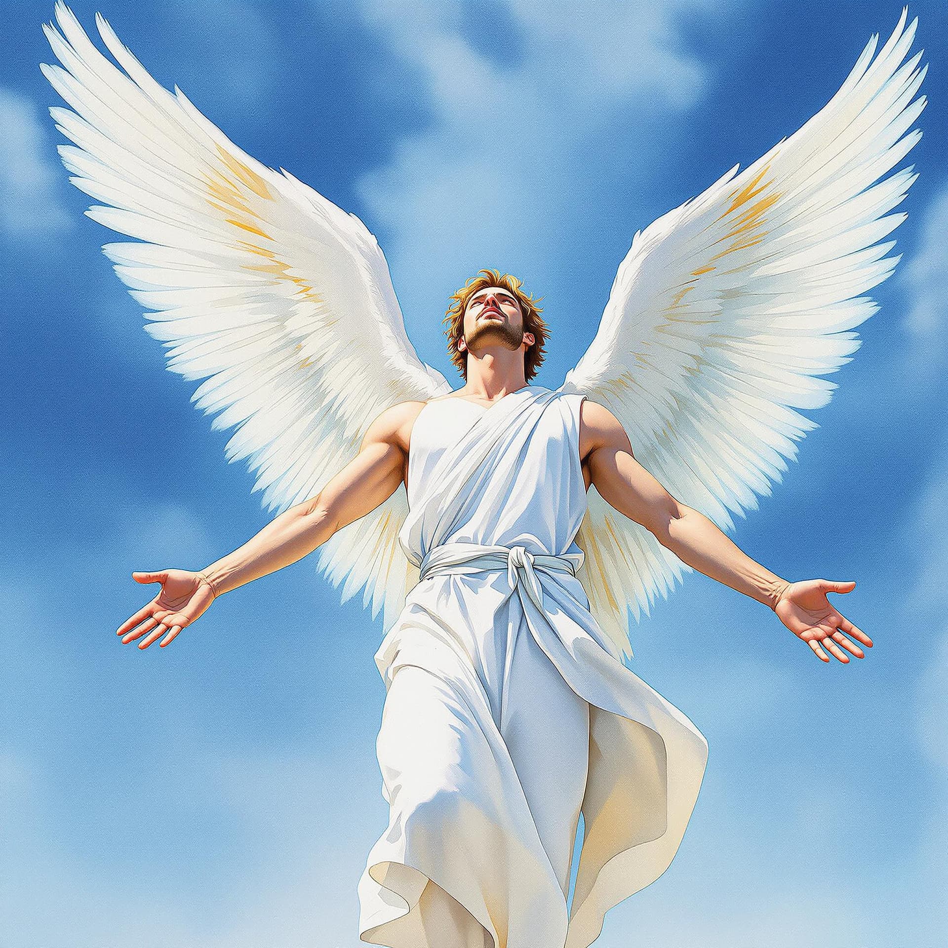 AI generated: An artist's watercolor  painting of a masculine male, a strong angel, light brown hair, a clean-shav...