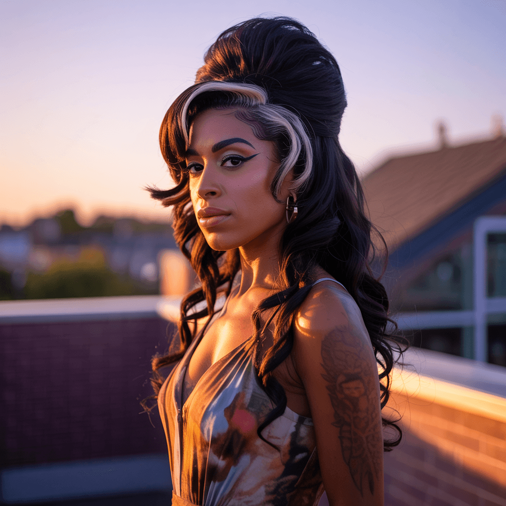 AI generated: a soulful Black woman resembling Amy Winehouse with iconic beehive hairstyle and winged eyeliner, st...