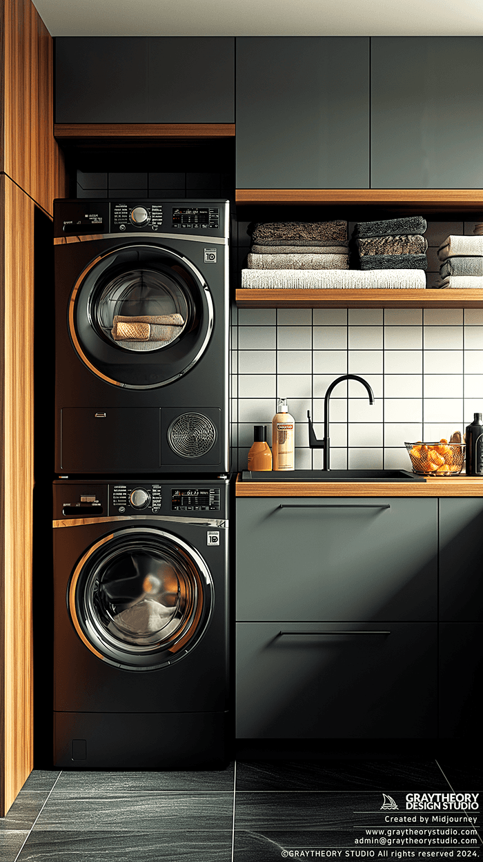 AI generated: photorealistic, front shot, minimalist laundry room