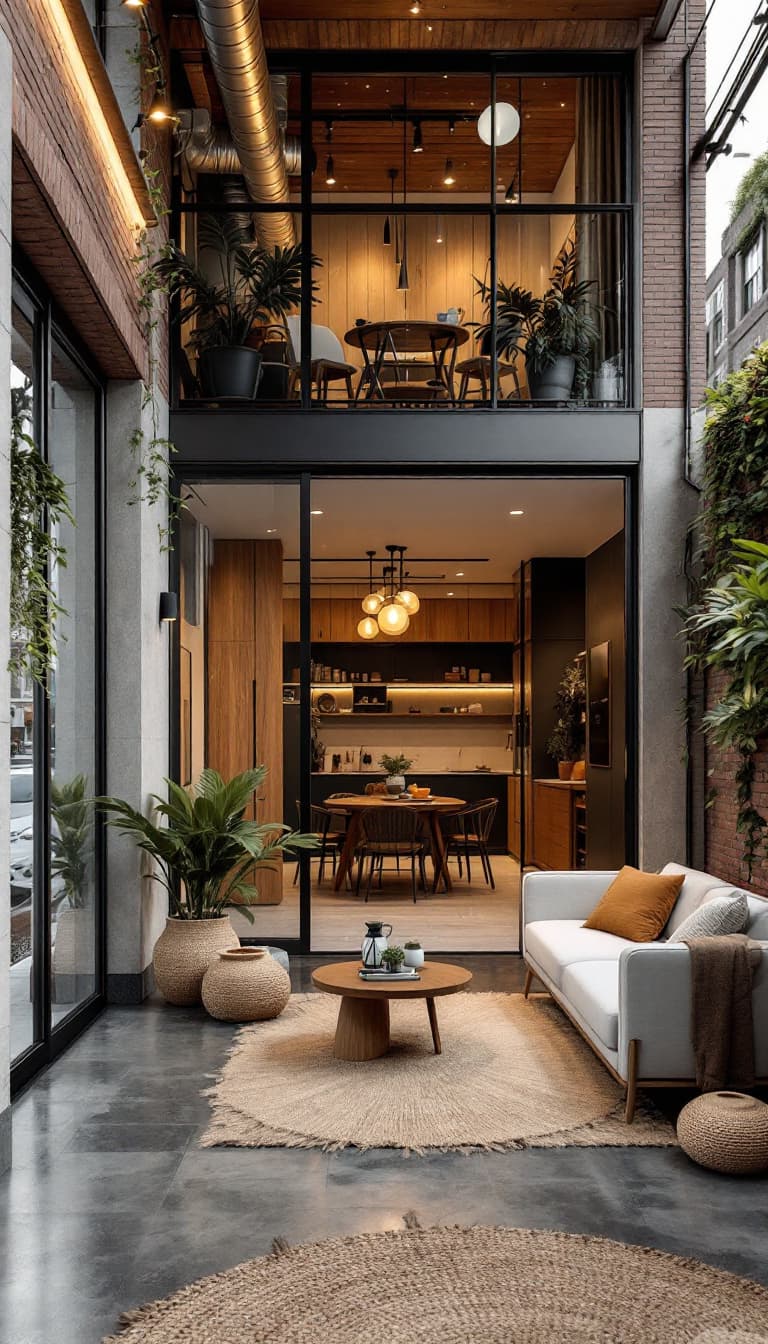 AI generated:  Cozy apartment building, brick and concrete fa\u00e7ade, wooden accents, industrial chic interiors,...
