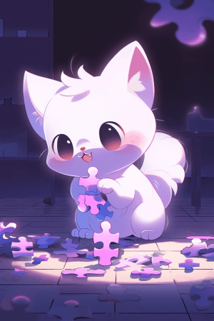 AI generated: Adorable playful light purple kitten playing a puzzle, with fluffy tail and curious paws, by Cute An...