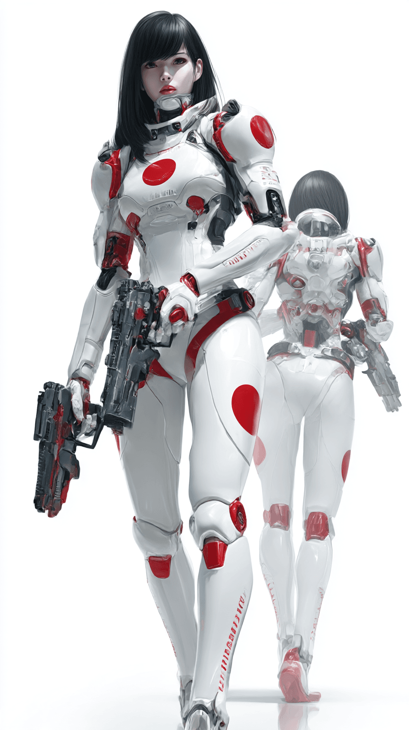 AI generated: A fierce [Japanese Flag] female operative with sleek black hair, standing confidently in white and r...
