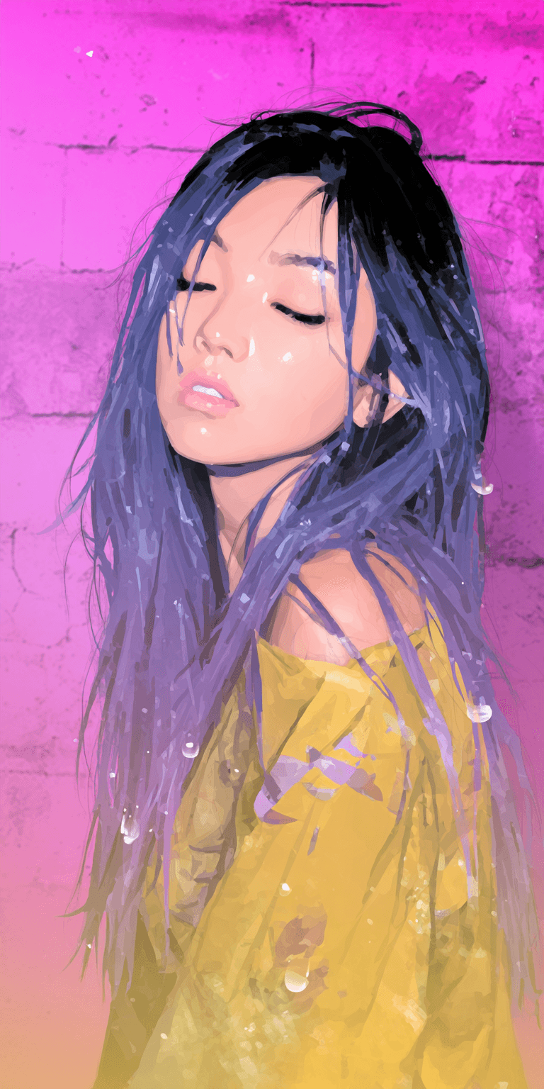 AI generated: a girl with blue hair with eyes closed, in the style of the stars art group (xing xing), yellow and ...