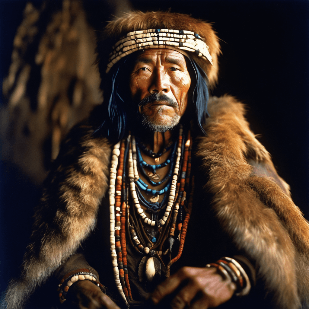 AI generated: A 45-year-old tribal shaman, draped in animal furs and adorned with intricate bone jewelry, emanates...