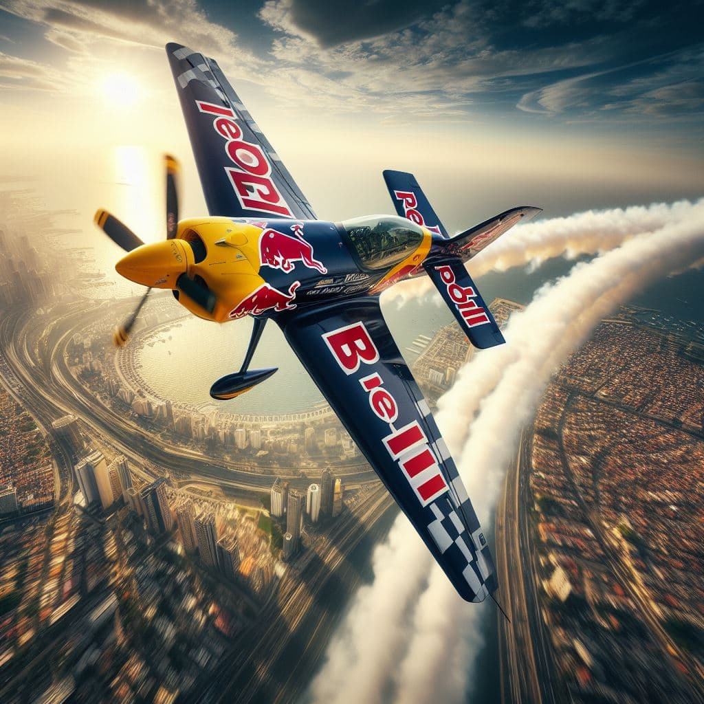 AI generated: Red Bull Air race sportsplane in low flight, body symmetry, "red bull", action photography