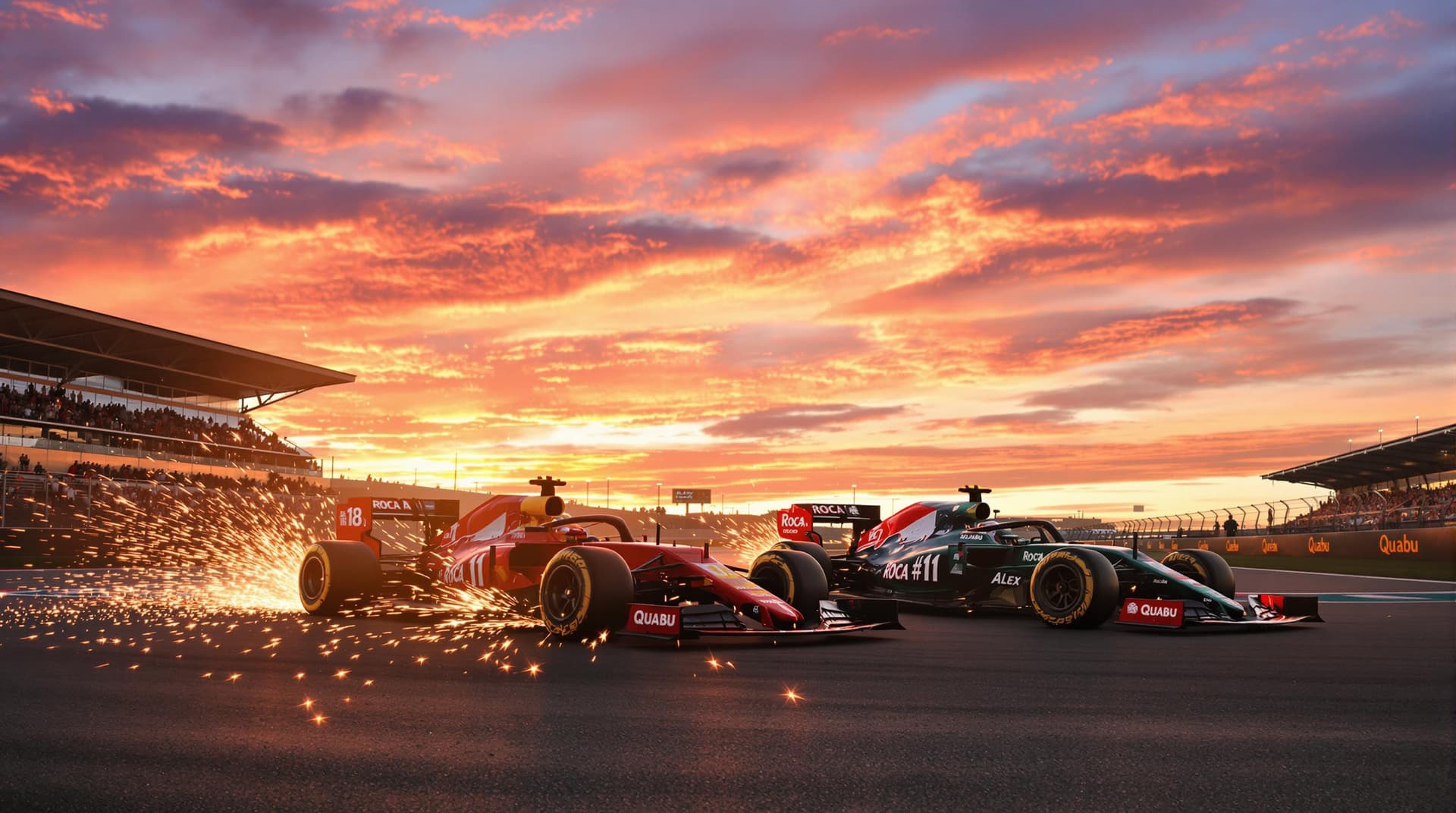 AI generated: An intense Formula 1 race is unfolding on a professional circuit under a breathtaking sunset. The sk...