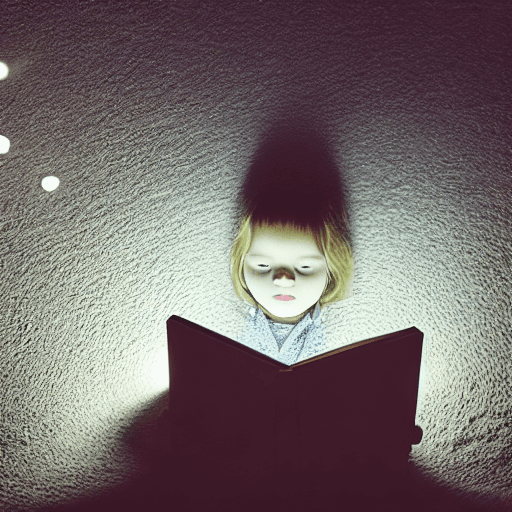 AI generated: little girl read book, moon light, emitting blue light, shallow depth of field volumetric lighting, ...
