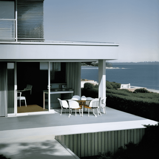 AI generated: Hyper realistic eye level exterior photo of a mid century modern style house overlooking the ocean, ...