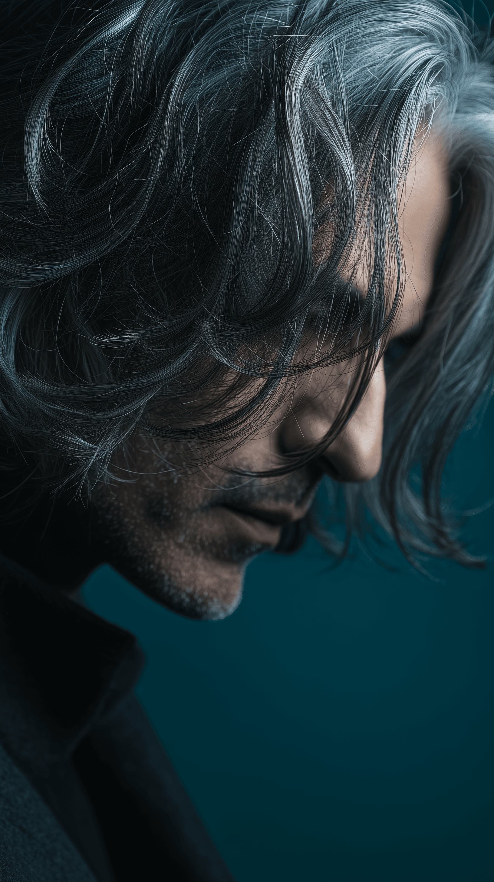 AI generated: photography, side view, man with wavy shoulder-length hair style, ash gray hair color, high-end groo...