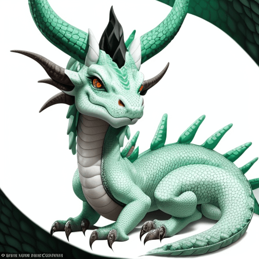 AI generated: white dragon with black spots around body, scales, has mint green eyes and horns, anthropomorphic 