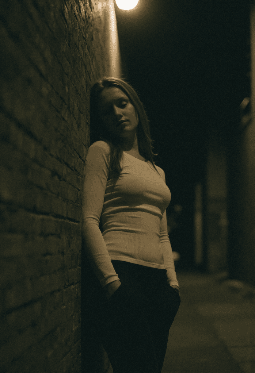 AI generated: A 35mm film photograph of a fit woman in a dimly lit alleyway. She is posing in a relaxed manner, le...