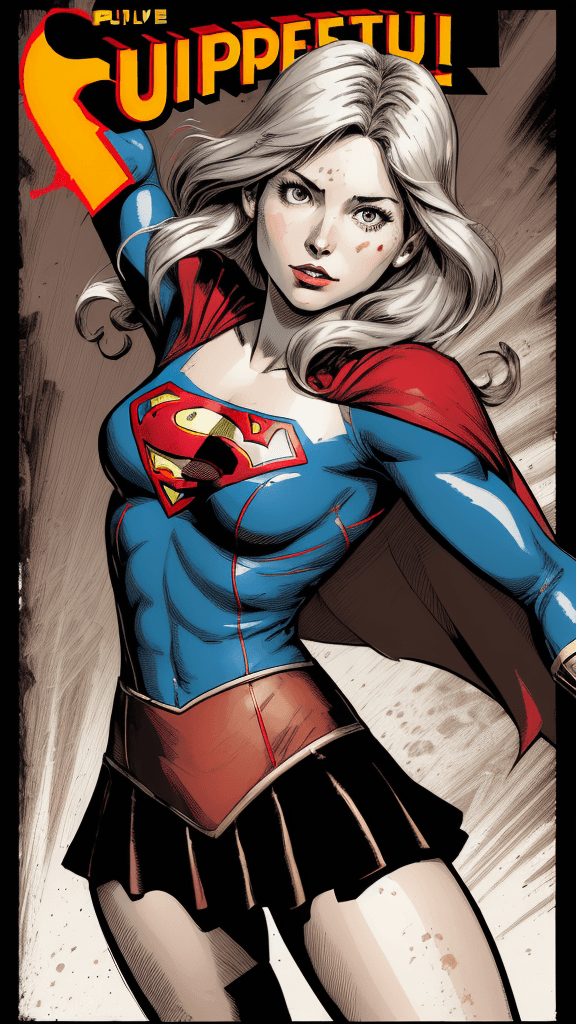 AI generated: a drawing of a supergirl, in the style of adventure pulp, dark white and bronze, mottled, yup'ik art...