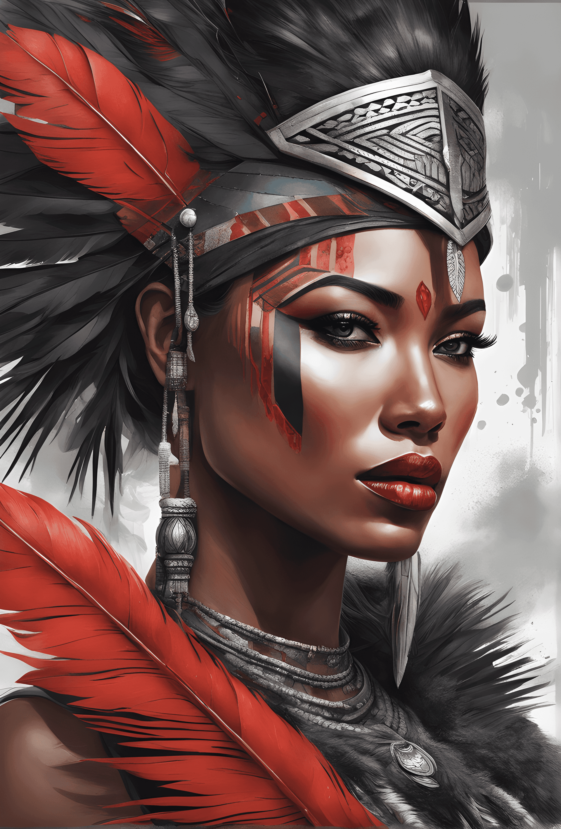 AI generated: a woman with black hair and red paint on her face, vector art, by João Artur da Silva, trending on c...