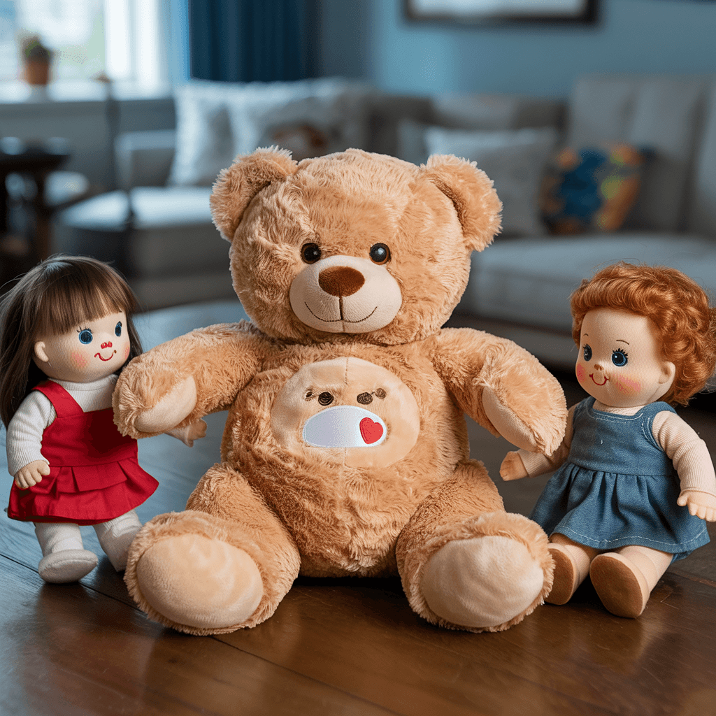 AI generated: poor teddy bear getting his arms pulled off by evil dolls because it get to much love from the playg...