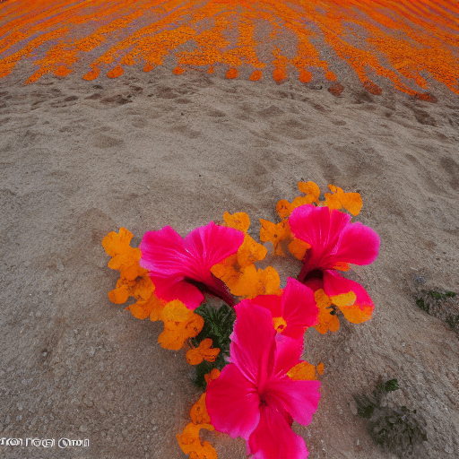 AI generated: primer plano,hibiscus rojo amarillo, naranja, día, en segundo plano playa transparente arena, nubes,...
