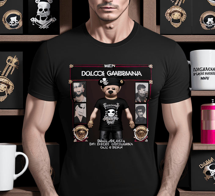 AI generated: 
create a men's Dolce & Gabbana t-shirt, black, with an image in the center, a box with a photo of a...