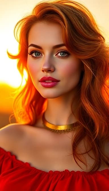 AI generated: "Fine art fashion portrait, warm golden hour light, bright vibrant colours. Supermodel with fair ski...