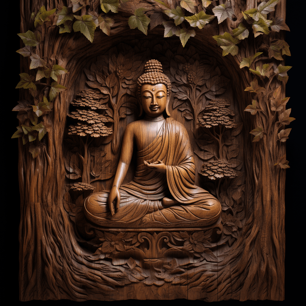AI generated: buddha in the temple, Wood carving relief sculpture, wildlife carving, Wood grain texture, vivid and...