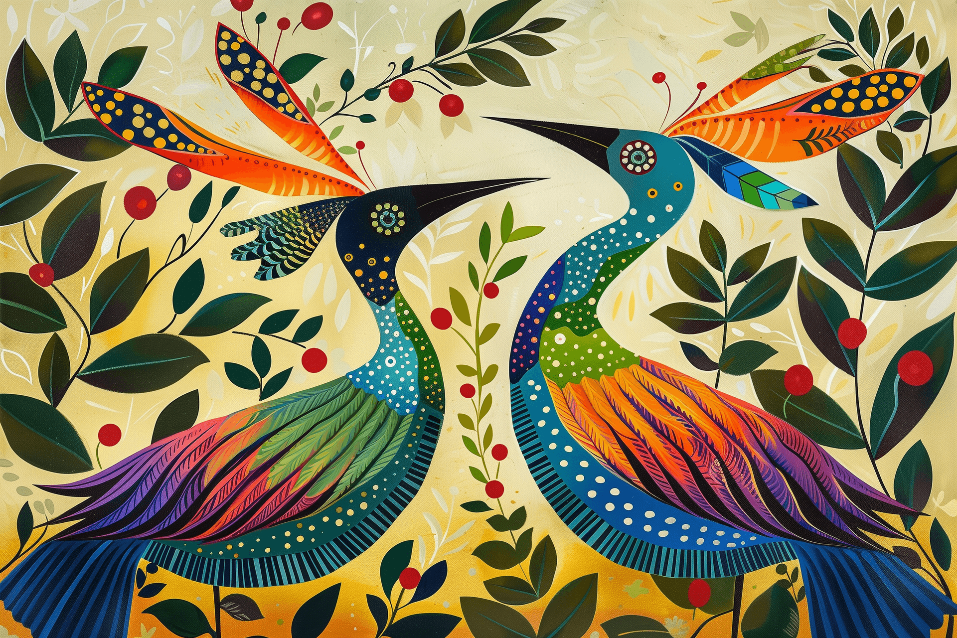 AI generated: A painting of two colorful bird-like creatures with long necks and pointed ears, their heads covered...