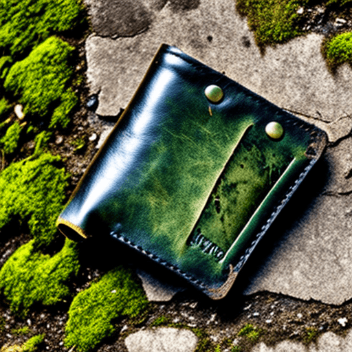 AI generated: an open abandoned worn leather wallet lying against a mossy pavement crack. Style: goth