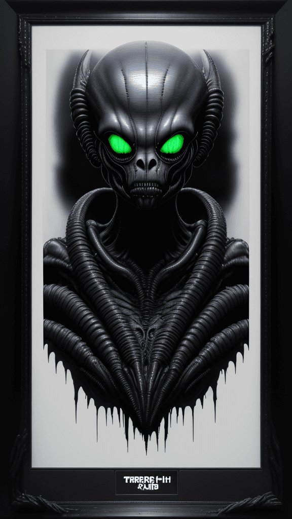 AI generated: "Eerie-inducing Xenomorph RFKTR-style headshot framed(club card):1.1 featuring H.R. Giger's masterfu...
