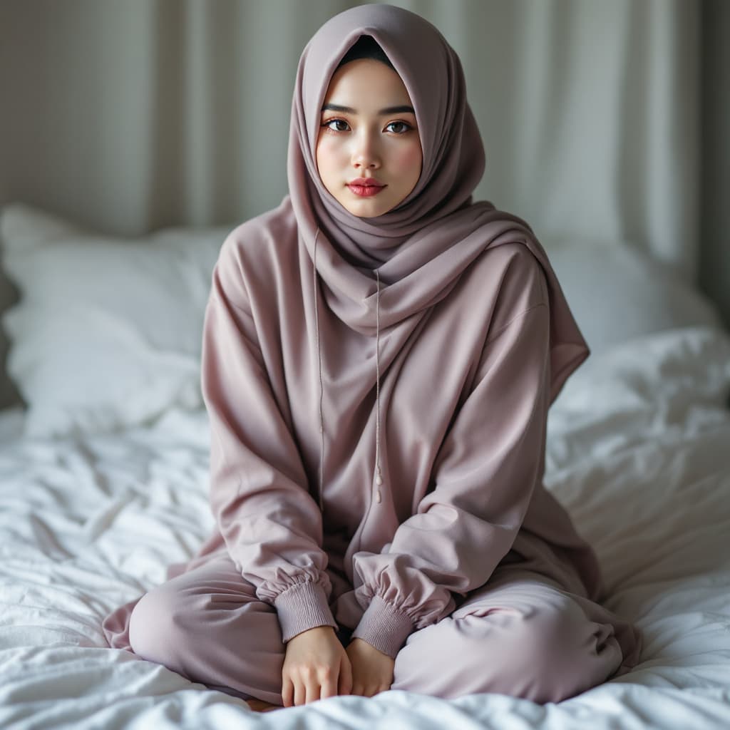 AI generated: Realistic, Asian hijab girl ,15 years old ,nude ,full body ,sit ,in bed 