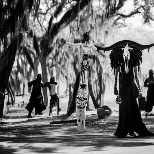 AI generated: black and white photography, voodoo priestess and her subjects in new orleans

