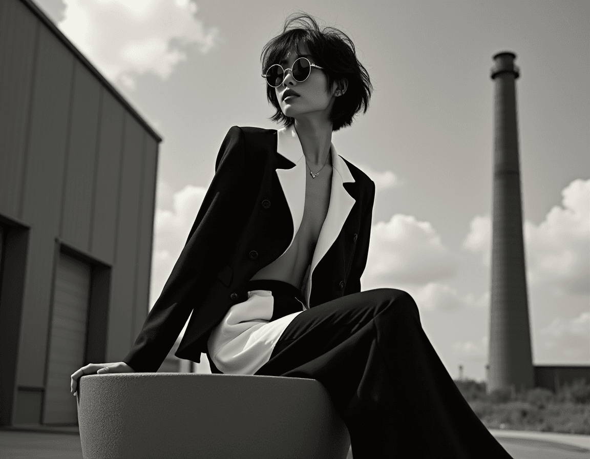 AI generated: monochrome High fashion black and white upper body photo of a slim, small breast, flat chest, abs, y...