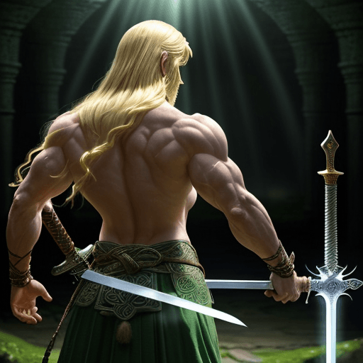 AI generated: a god that have a sword in his hands, blond hairs, muscular, light coming from behind, mystical, cel...