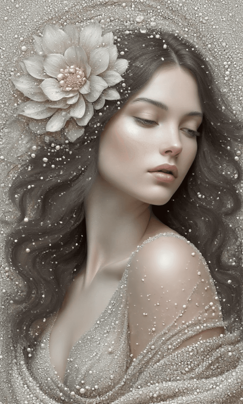 AI generated: i want same this image but without colour and the hair of the lady in here shoulders and it's long