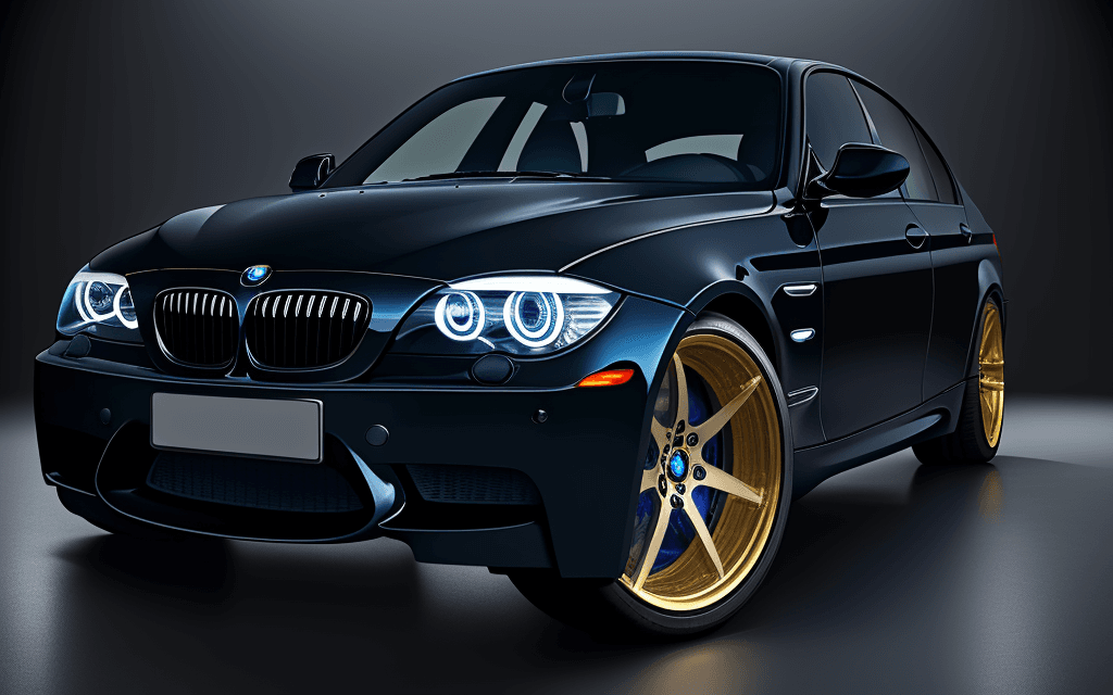 AI generated: dark blue chrome black and yellow angle lights bmw_e series model 2000 bmw 